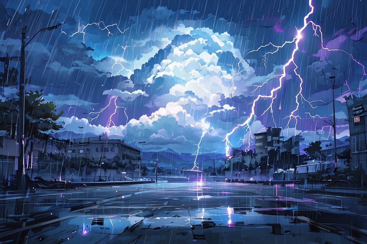 雷雨・夜間・都会のイラスト素材