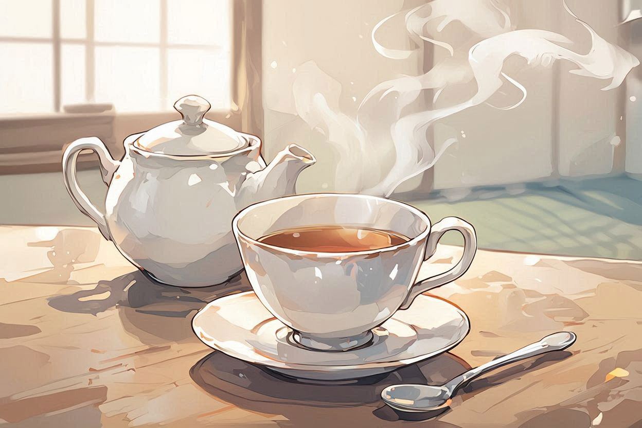 朝の静けさ・紅茶の香り・窓辺の茶会のイラスト素材