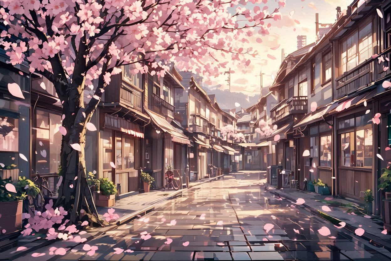 桜・町・道のイラスト素材