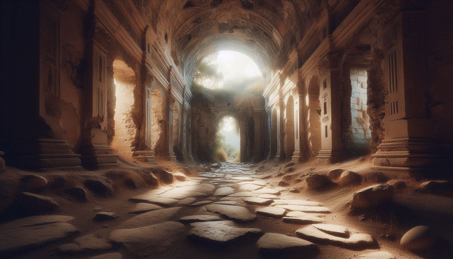 古代遺跡・光の通路・崩れた壁のイラスト素材