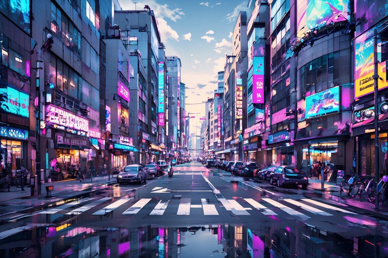 未来都市・ネオン光・雨の街のイラスト素材