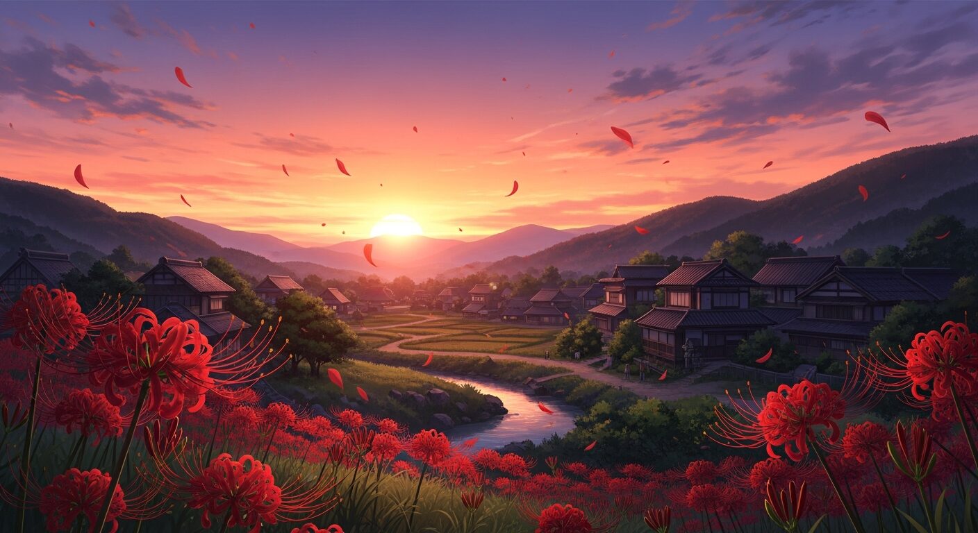 夕焼け・紅色の花・日本庭園風景のイラスト素材
