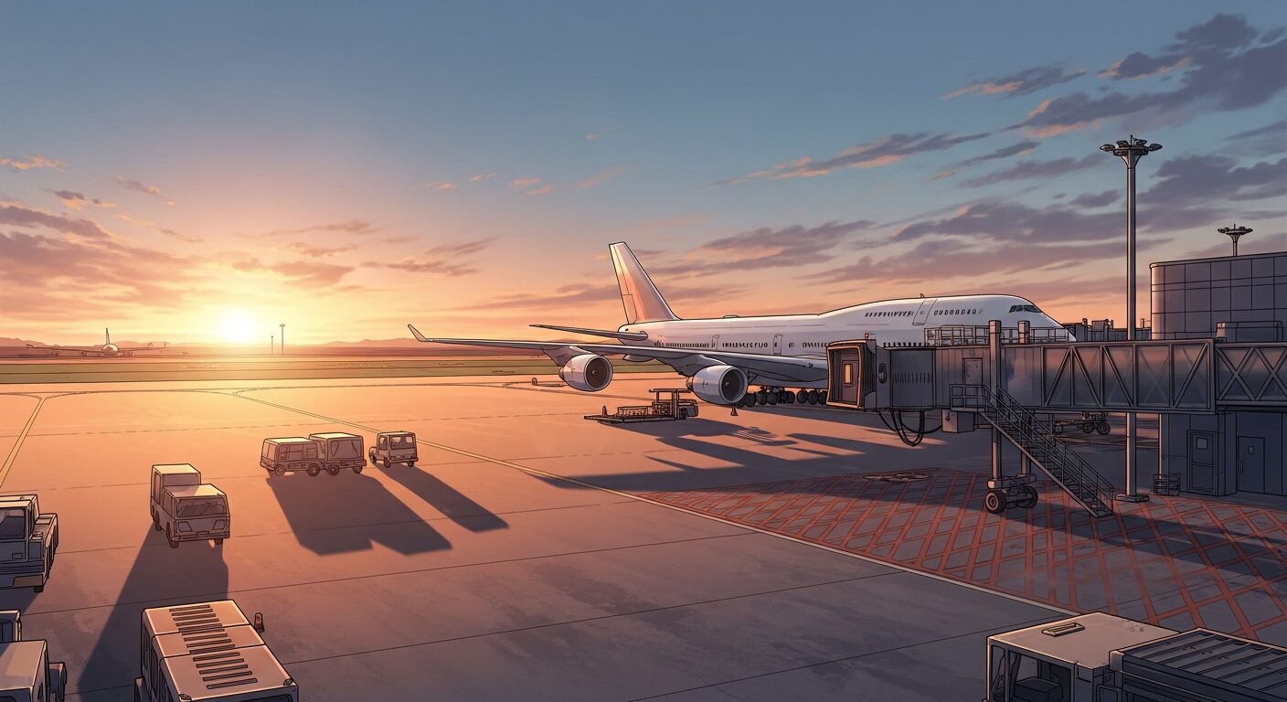 空港・夕焼け・旅客機のイラスト素材