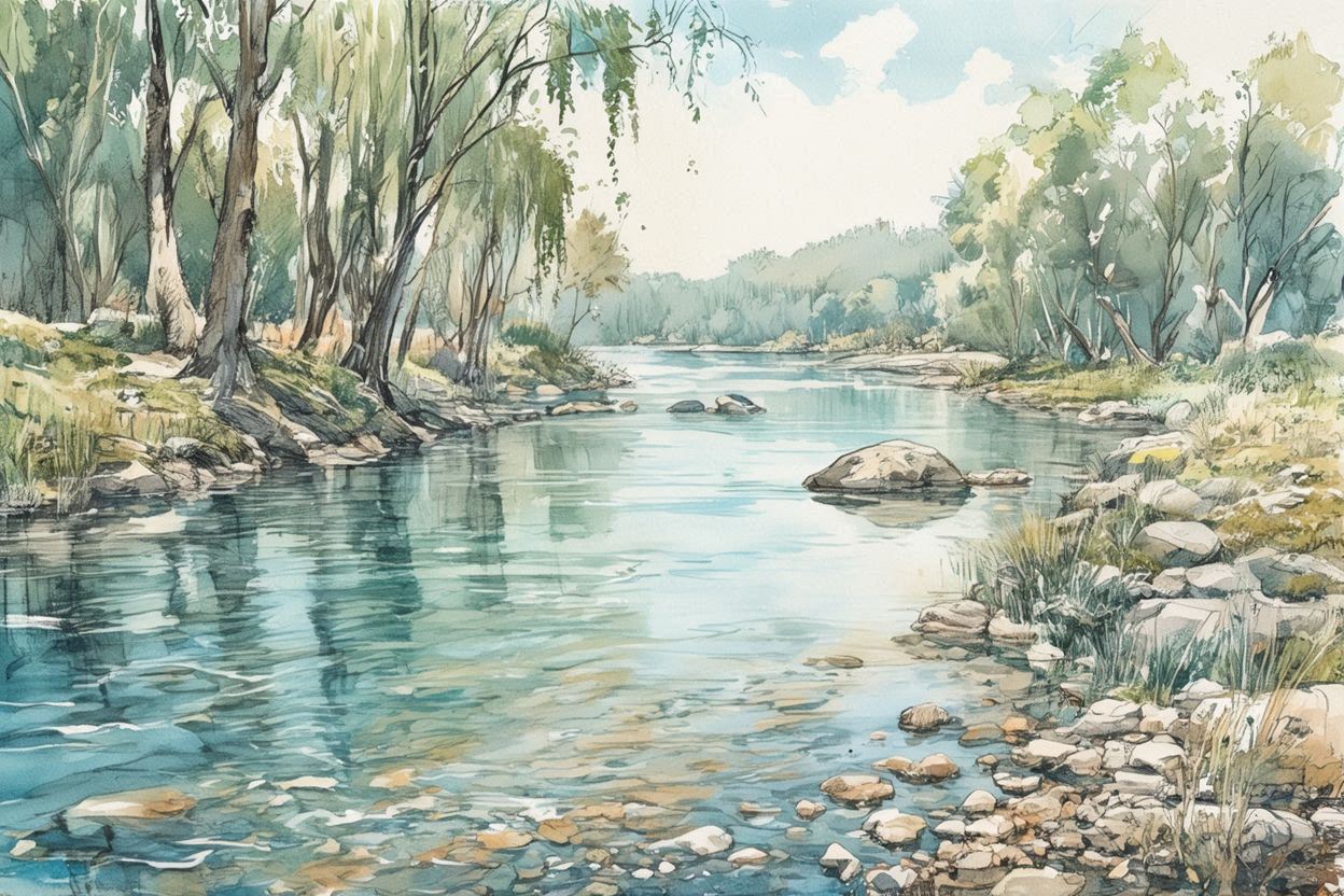 水彩画・川・自然風景のイラスト素材