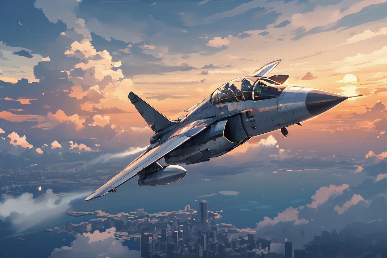 戦闘機・夕焼け・都市上空のイラスト素材