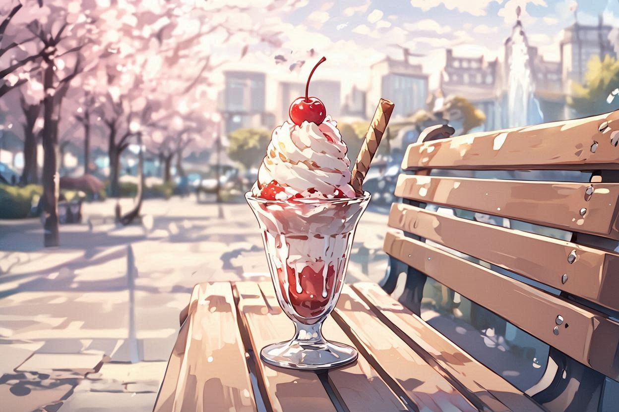 春のカフェ・アイスクリーム・桜の公園のイラスト素材