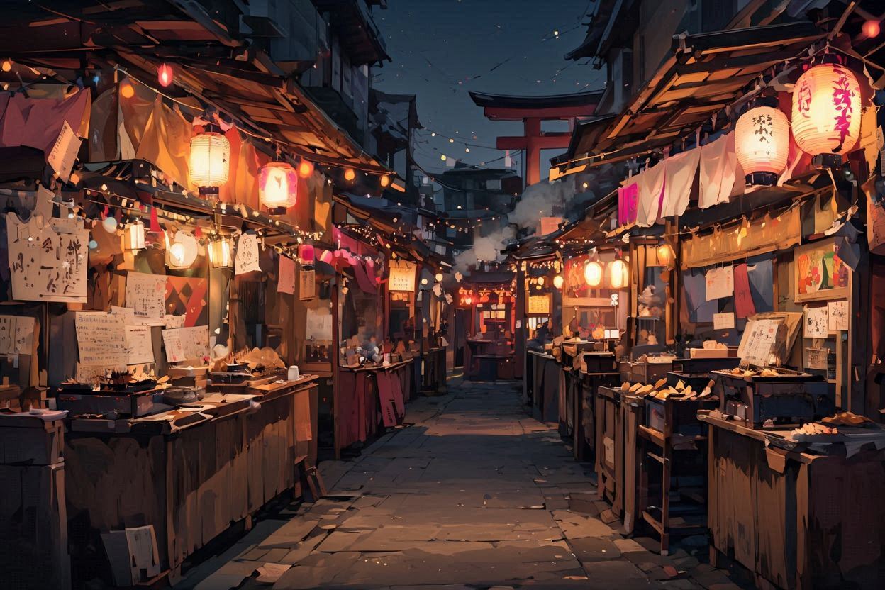 夜市の灯り・古都の街並み・祭りの雰囲気のイラスト素材