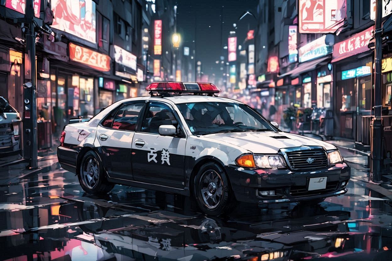 夜の都市・パトカー・雨の街のイラスト素材