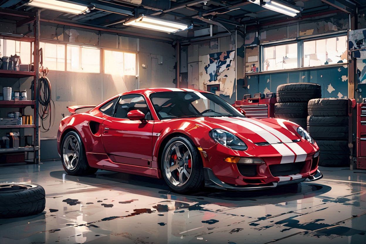 レッドスポーツカー・自動車整備工場・タイヤスタックのイラスト素材
