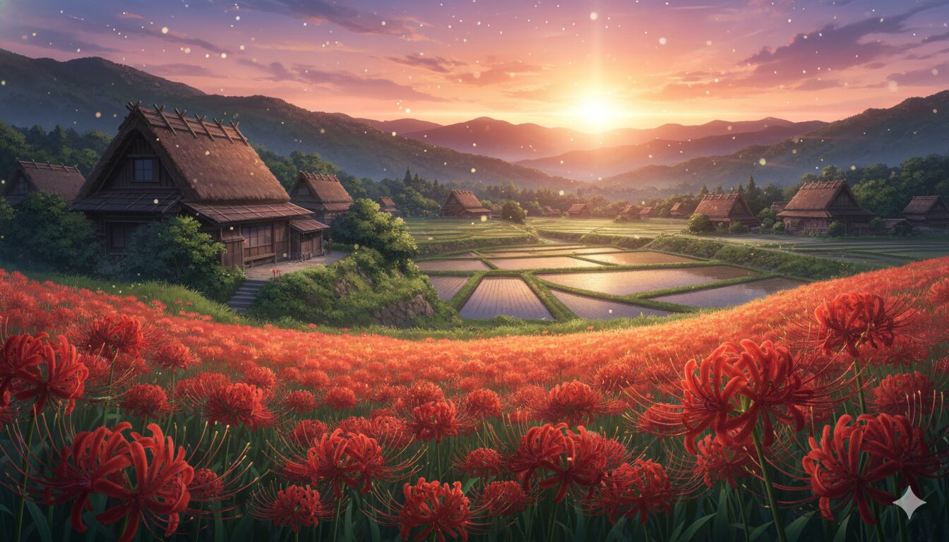 郷土・夕焼け・紅花のイラスト素材