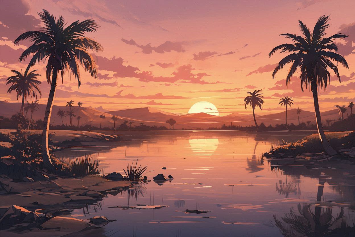湖・パーム・夕日のイラスト素材
