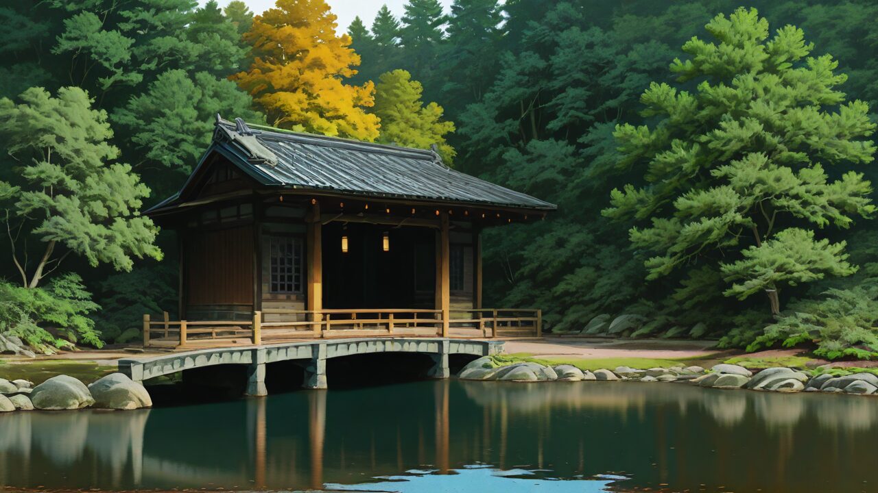 茶屋・橋・池のイラスト素材