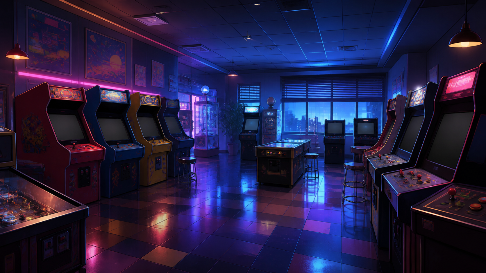 ネオンライトが照らすアーケードゲーム機の並んだ部屋