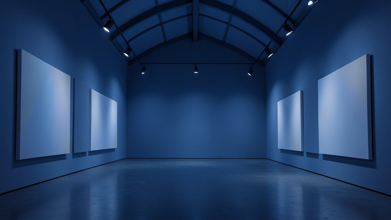 青い壁のギャラリーで白い絵画が展示されている様子