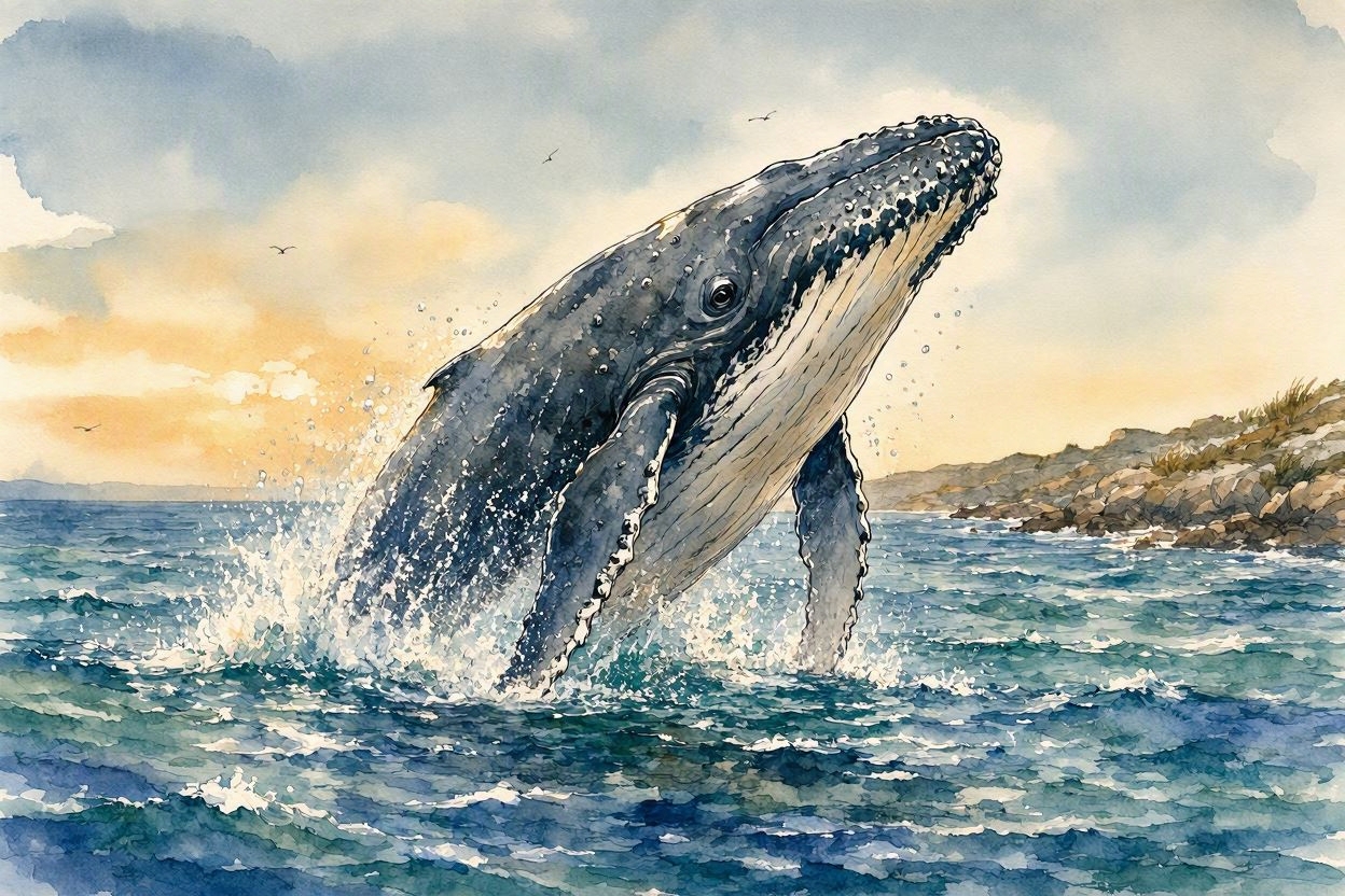 水彩画のクジラが海を飛び立つ