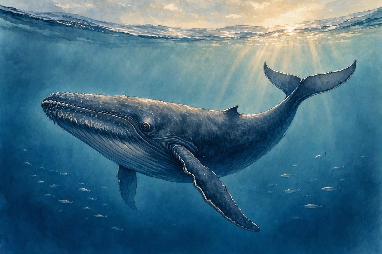 水中のクジラが光を浴びる