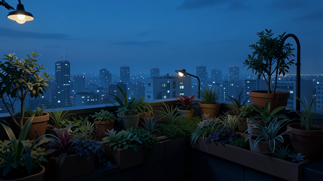 夜の都市テラスで植物がライトで照らされる様子