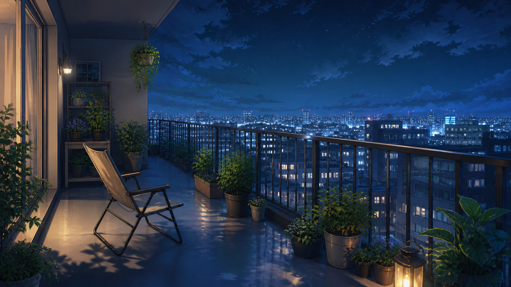 夜のバルコニーから見える都市の夜景