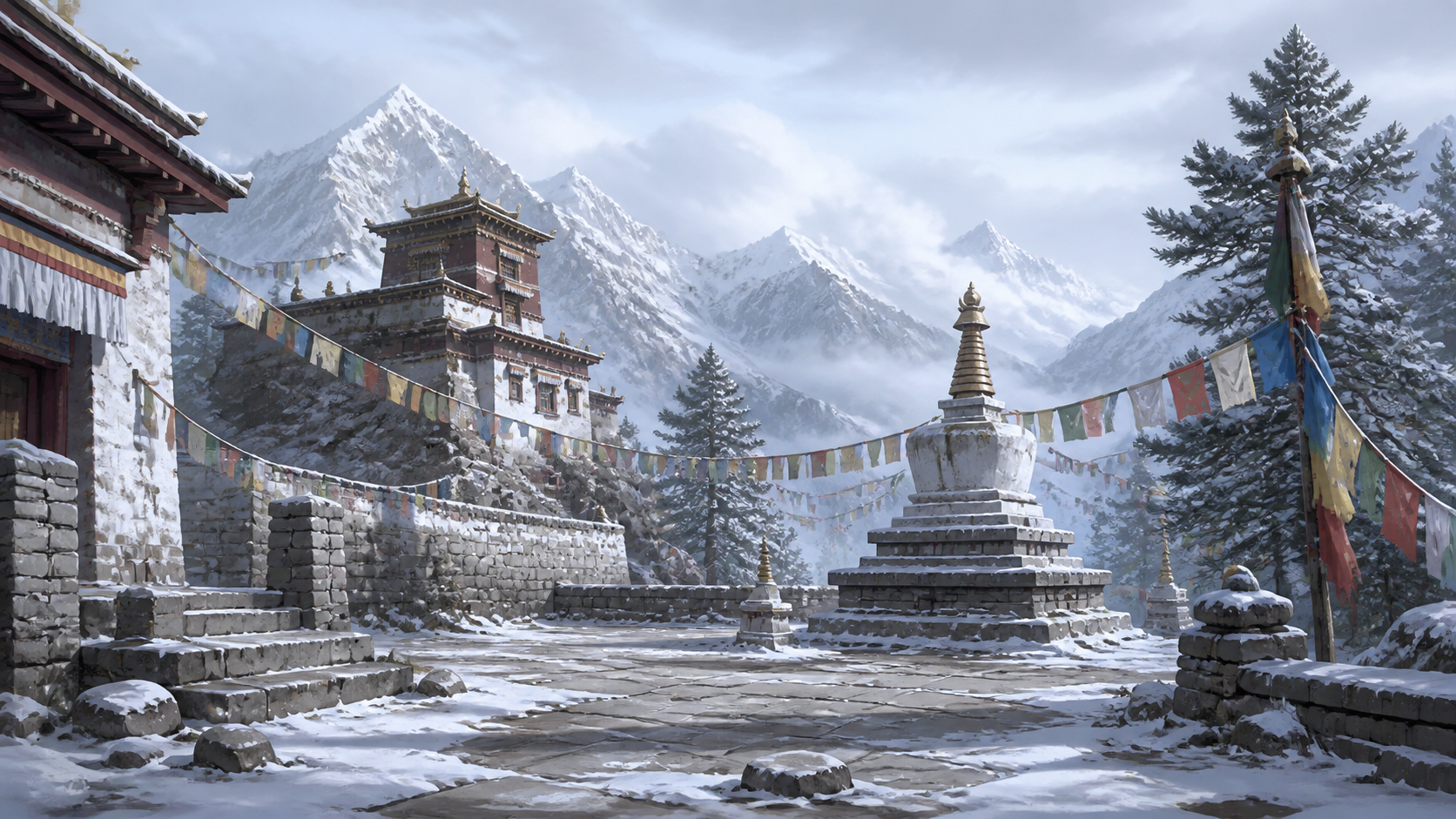 仏塔・寺院・雪景色の背景素材