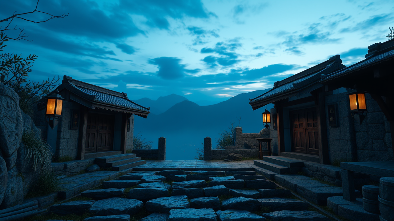 伝統建築の夜景、山々と青い空