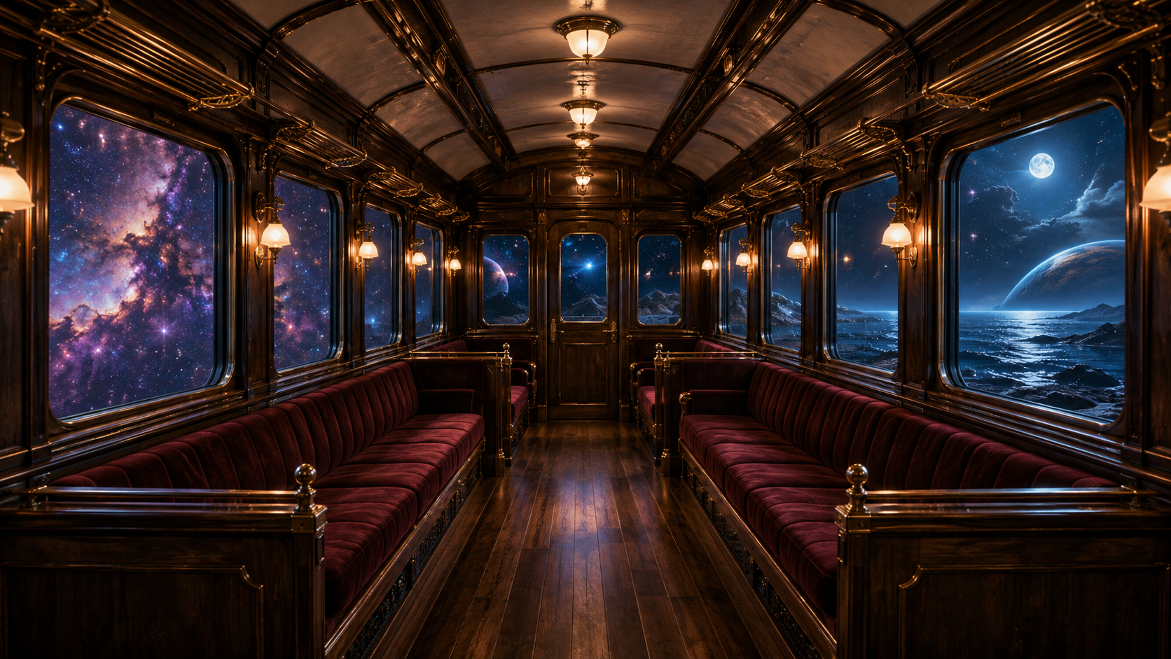 列車の車内に星空と惑星が見える