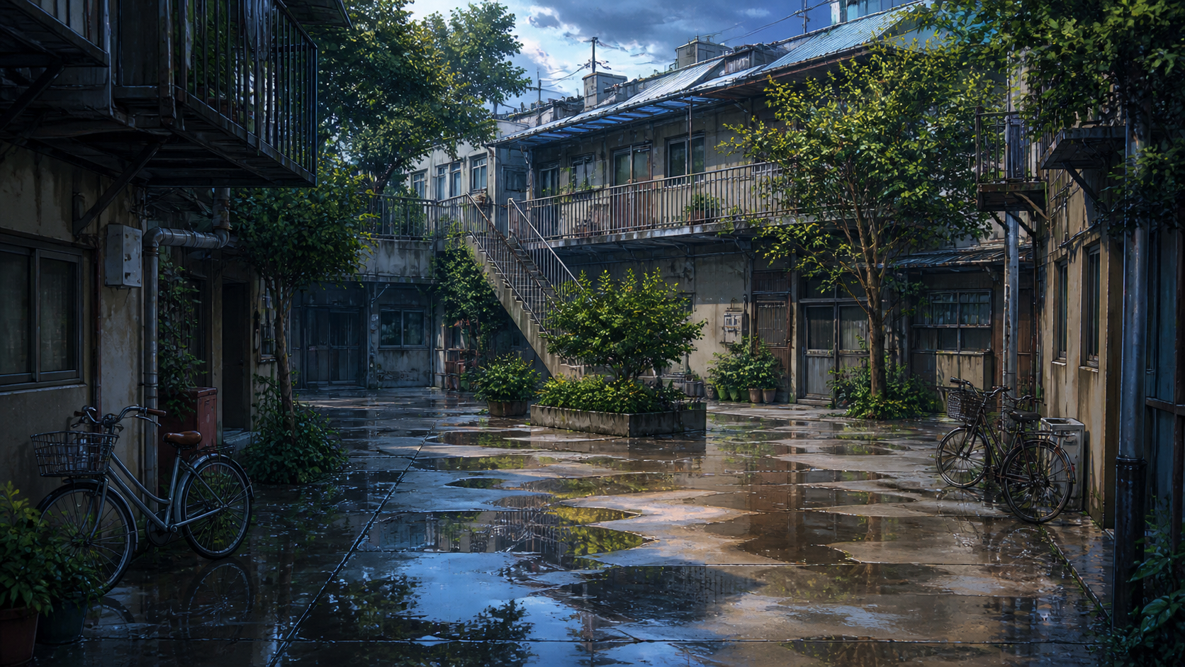 雨後の古い町の小道