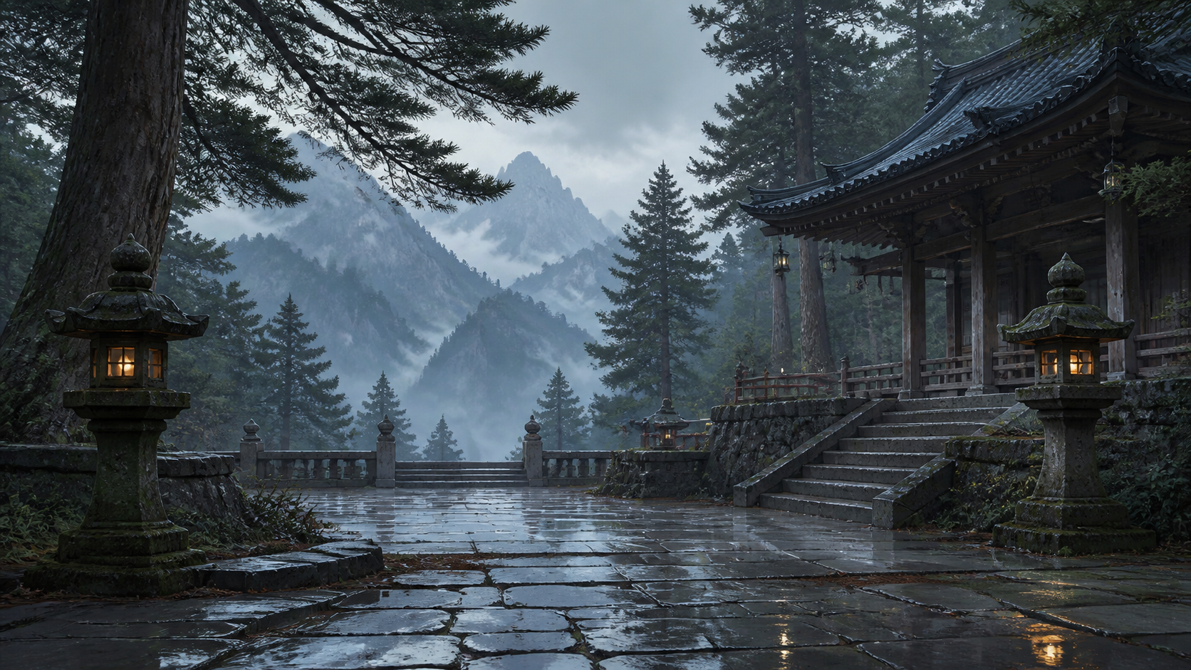 雨上がりの古寺前庭と霧に包まれた山々