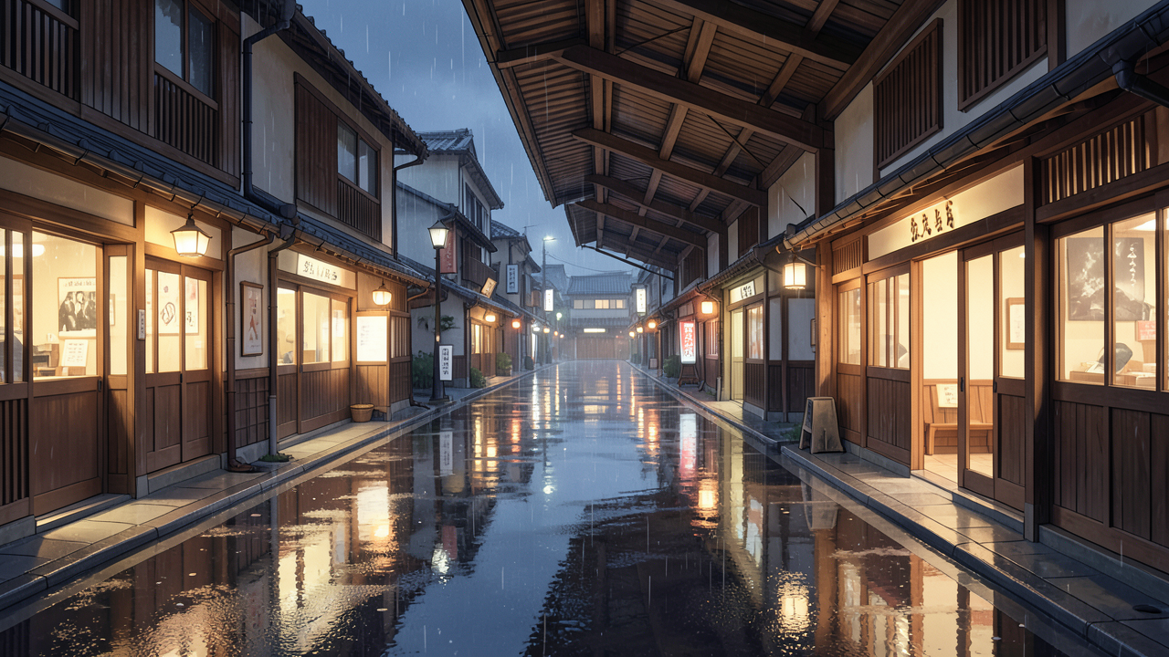 雨の夜、古都の通りに灯りが映る