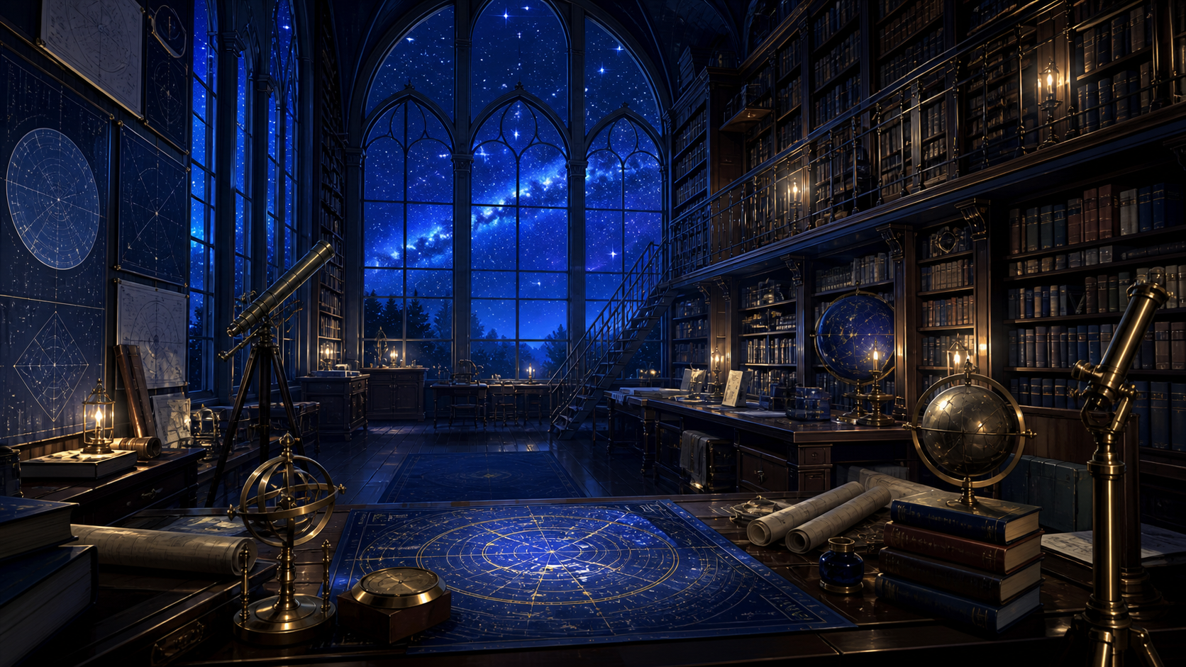 星空を眺めるゴシック様式の図書館の内部
