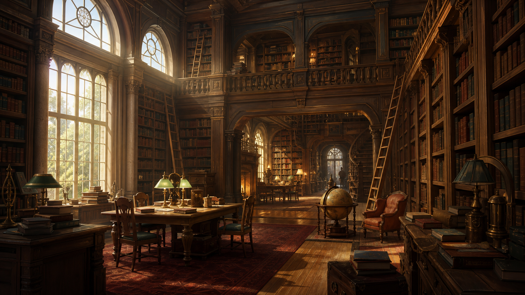 図書館・本棚・テーブルの背景素材