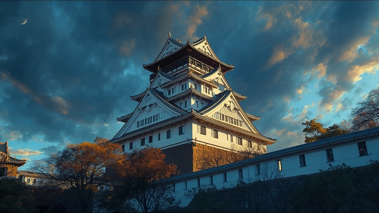 白い城郭と夕焼けの空