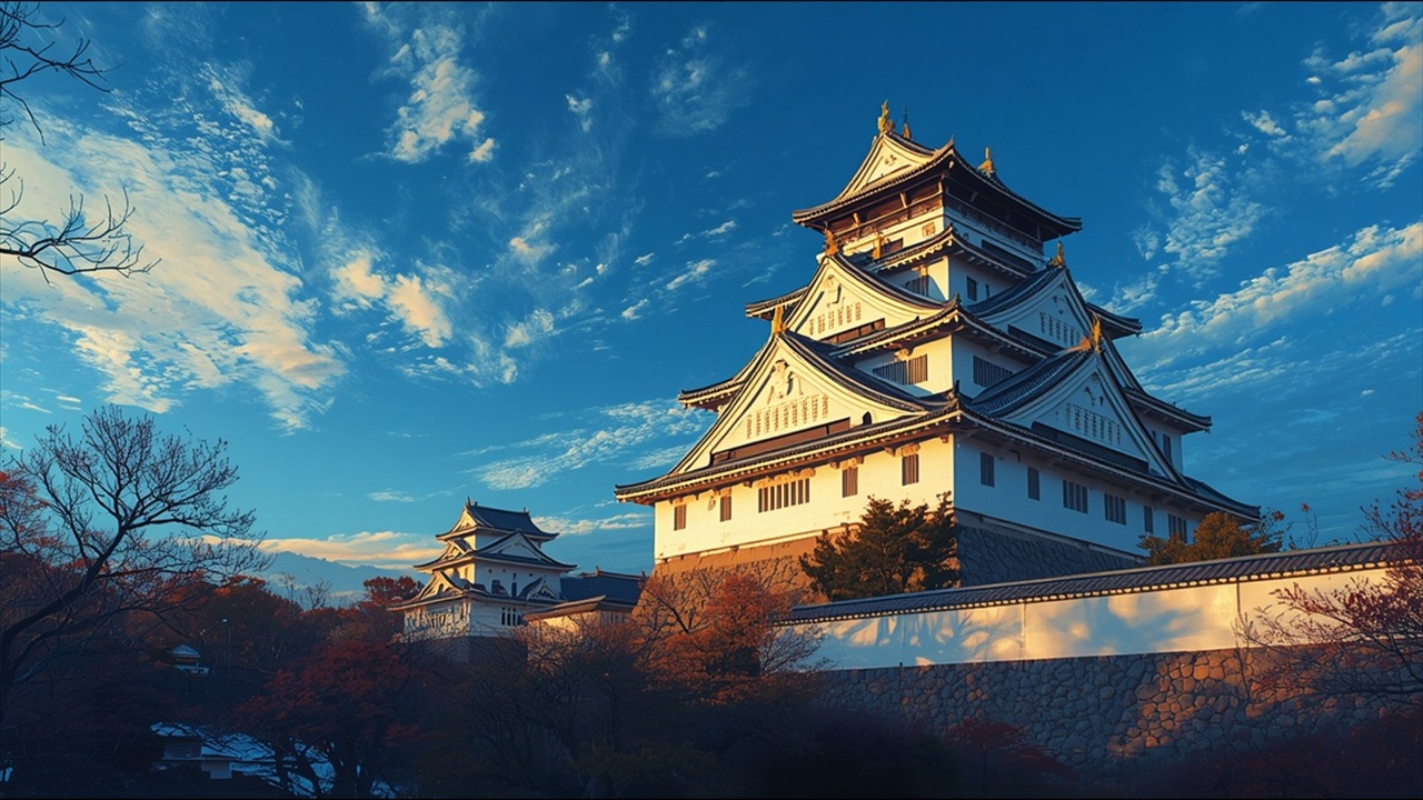 白い城郭と青空の下の風景