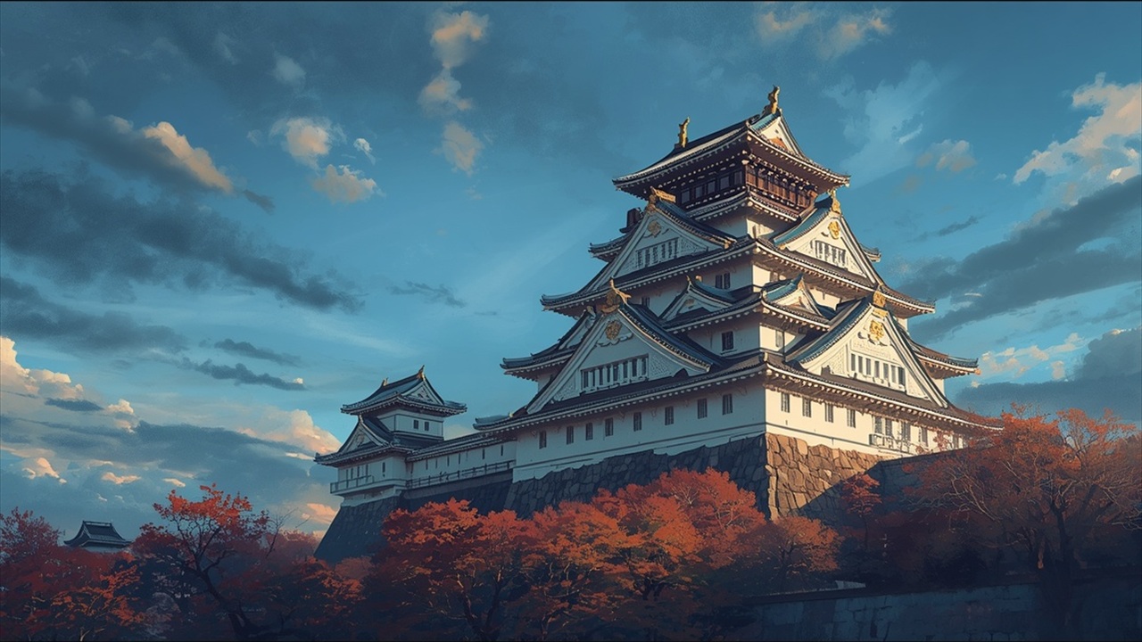 秋の紅葉と白壁の城郭