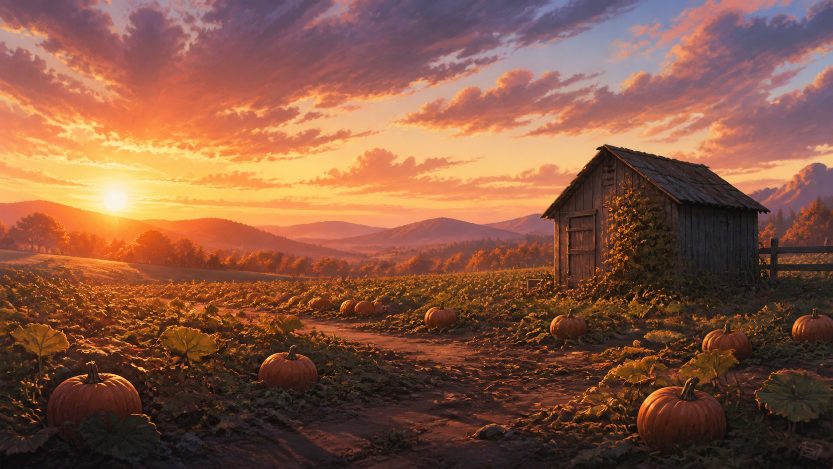 夕焼けの空の下、南瓜畑と木造小屋