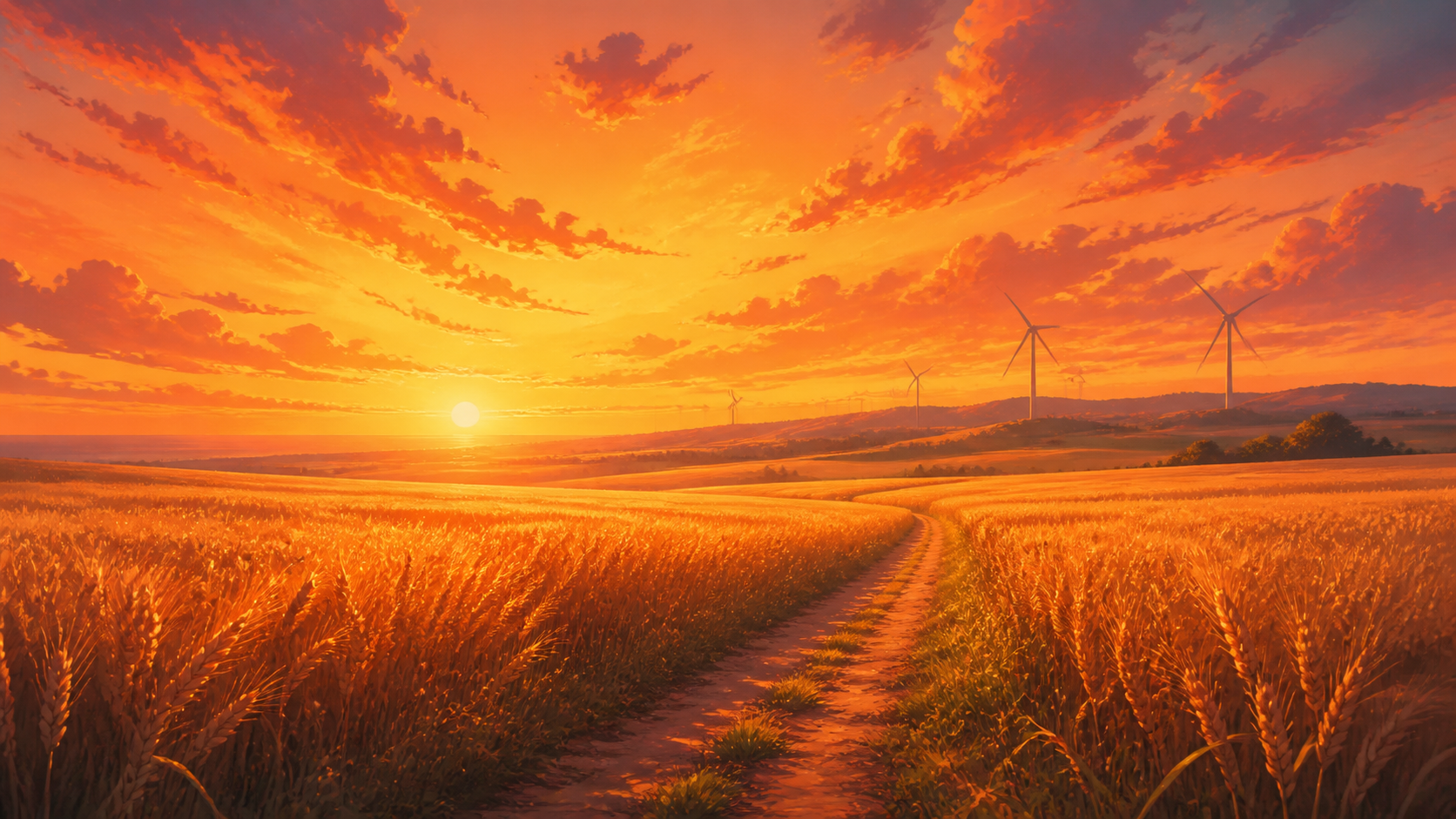 夕焼けの麦畑と風車