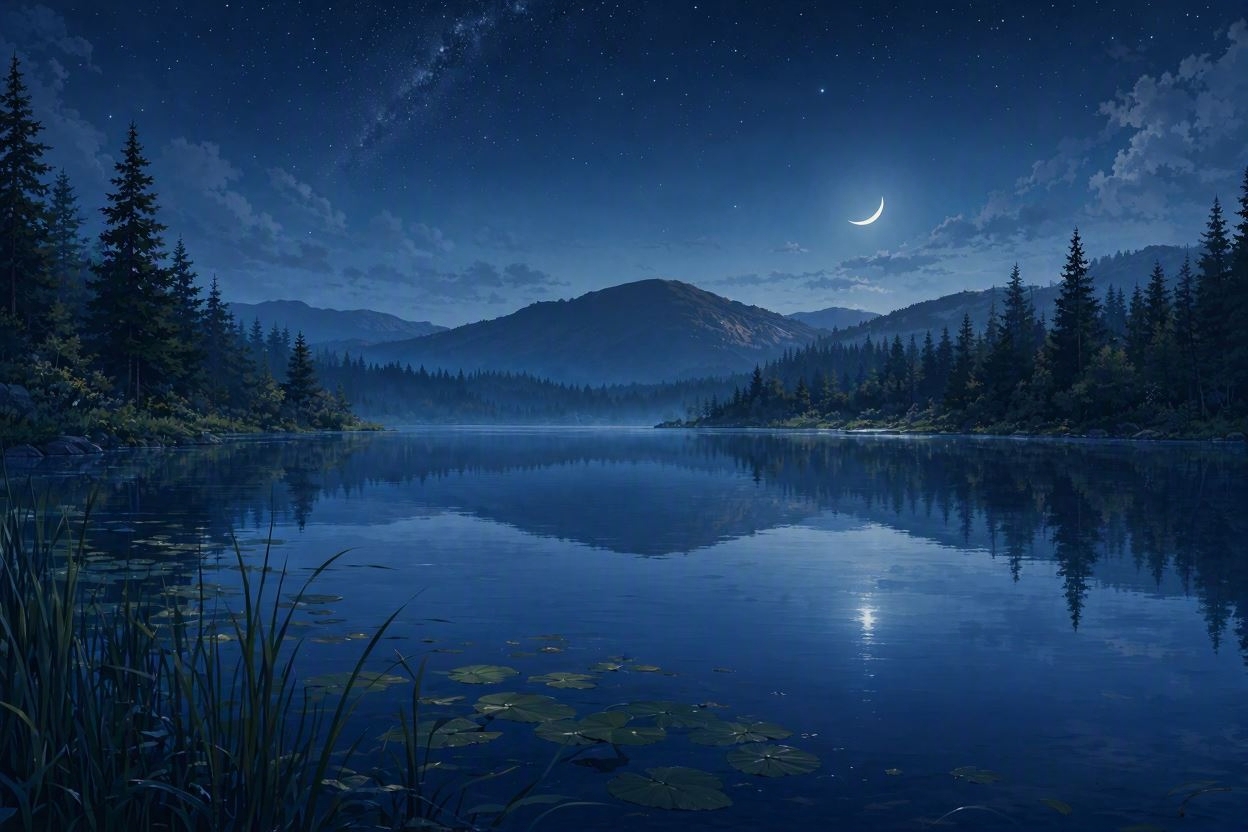 月明かりが水面に映る夜の湖
