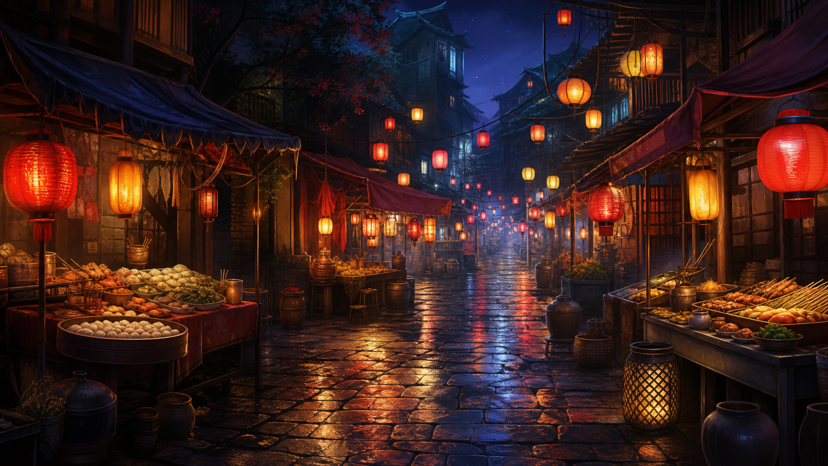 夜市・懸け橋・石畳の背景素材