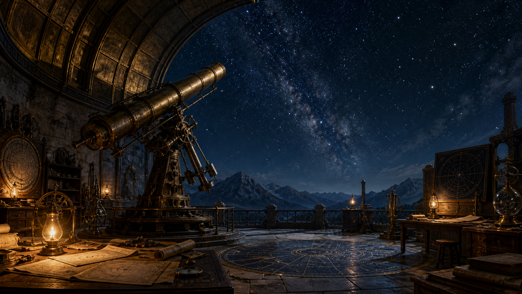 古代天文台の観測室で星空を眺める夜景