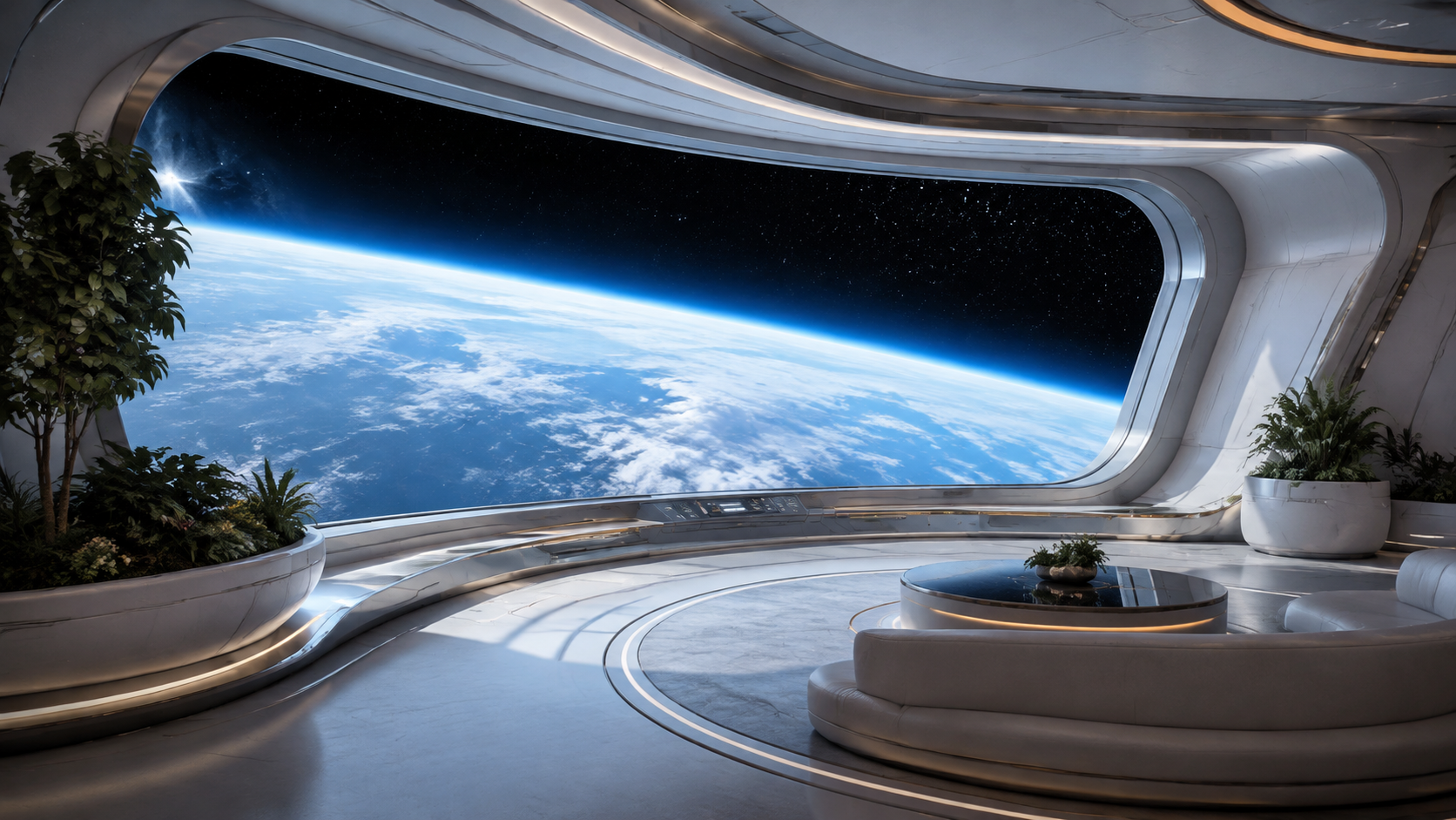 宇宙船の内部で地球を眺める大きな曲面窓