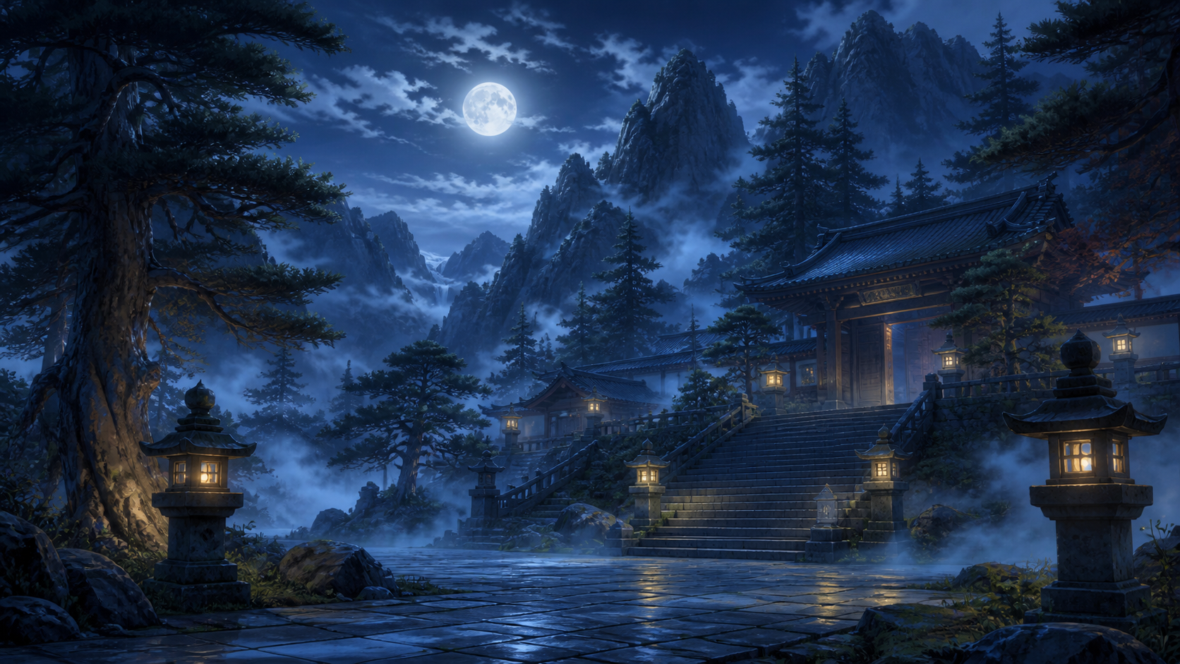 寺院・月明かり・霧の背景素材