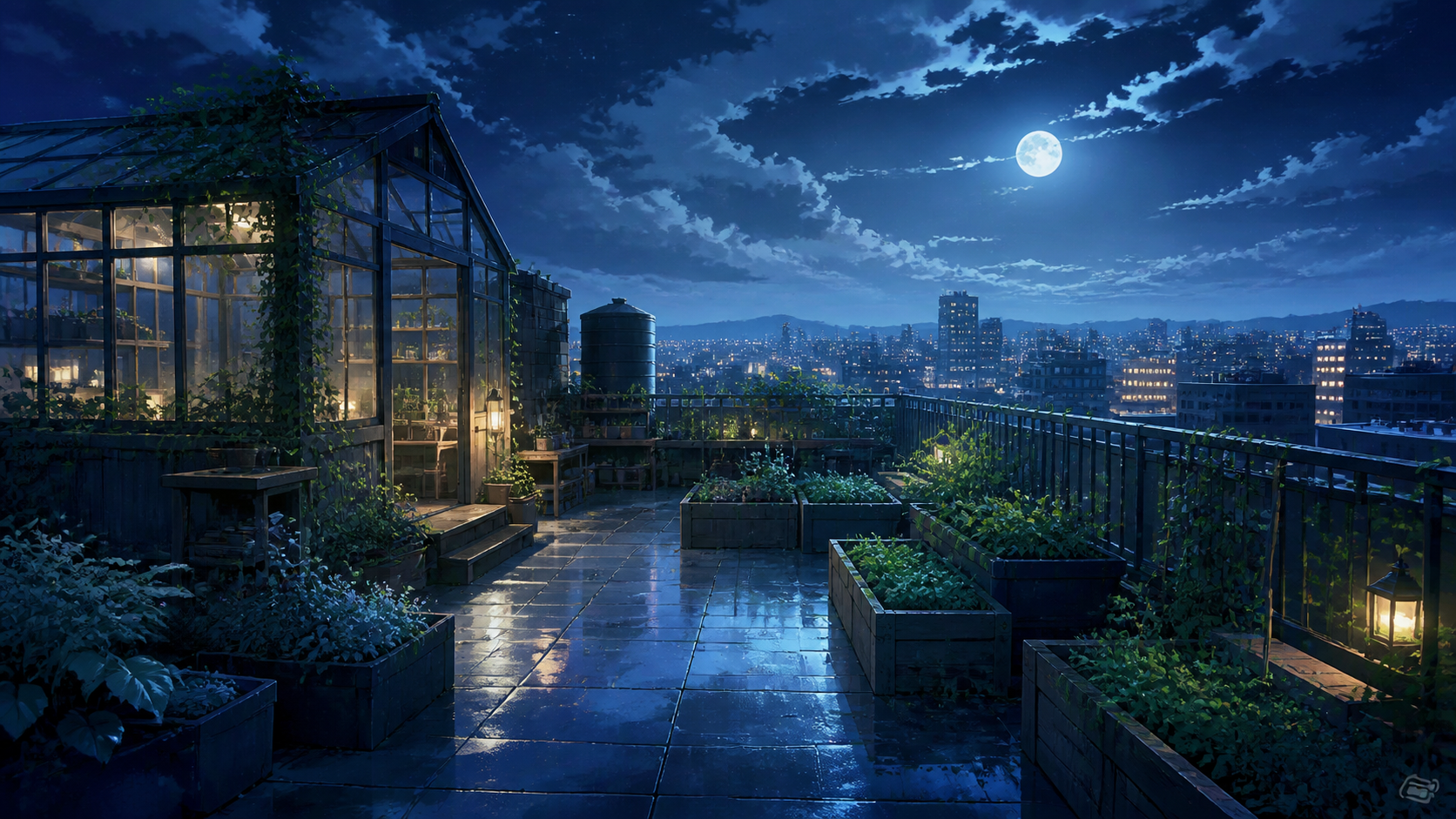 月明かりの下、屋上庭園の夜景