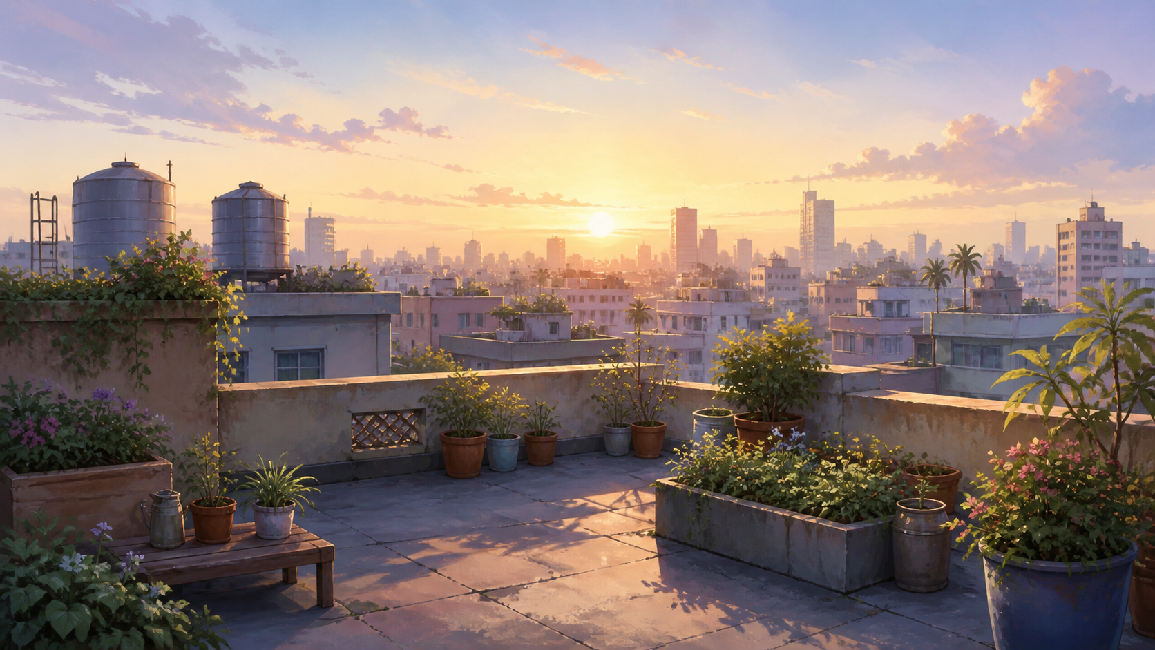 屋上・植木箱・都市の背景素材