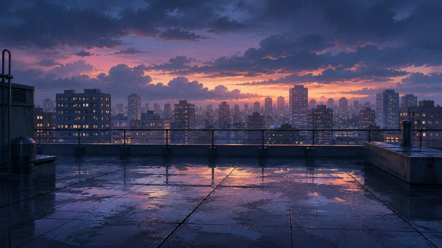 屋上・都市・夕焼けの背景素材