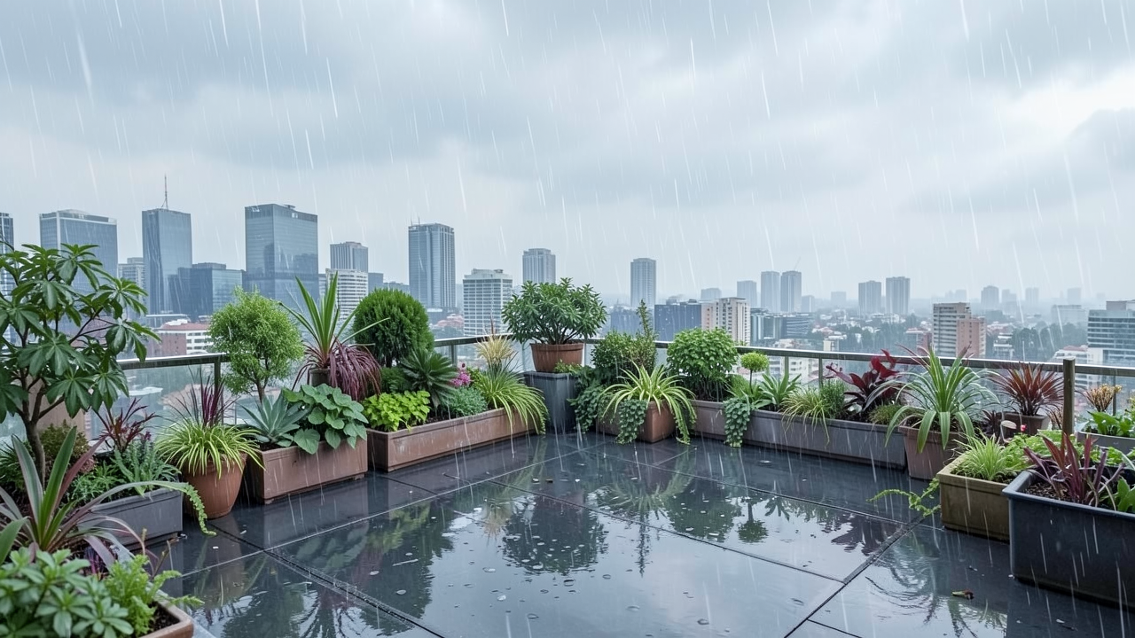 雨が降る屋上庭園の風景