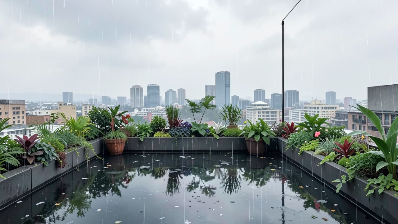 雨が降る屋上庭園の水たまりと植物