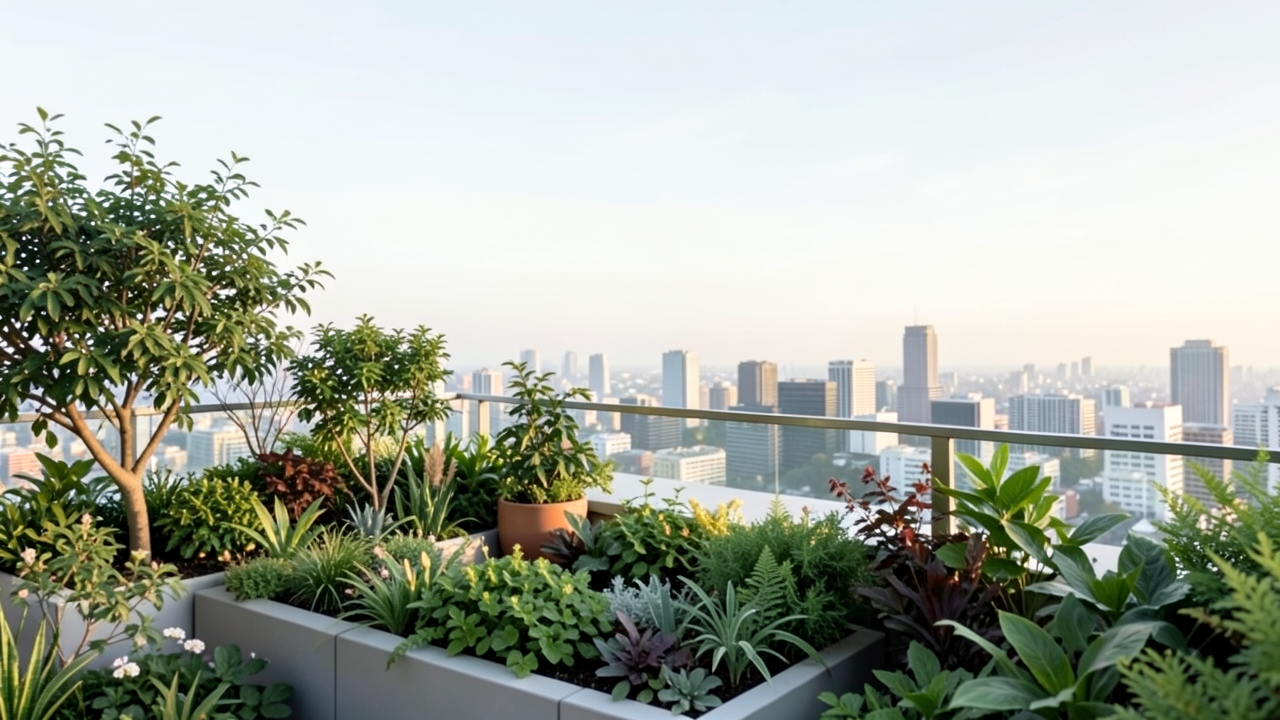 屋上庭園の植物と都市スカイライン