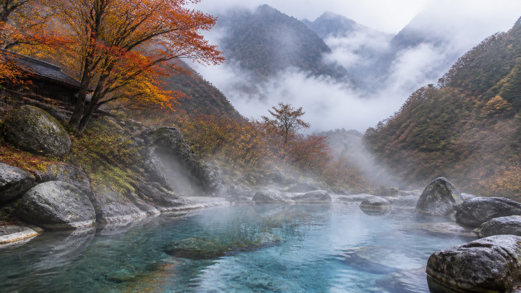 山・温泉・木々の背景素材
