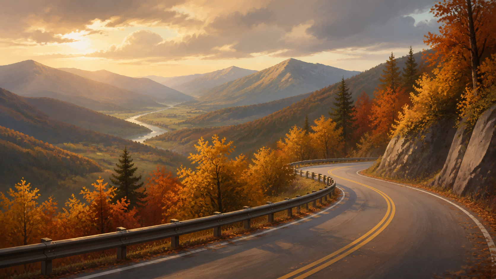 山・道路・秋の背景素材