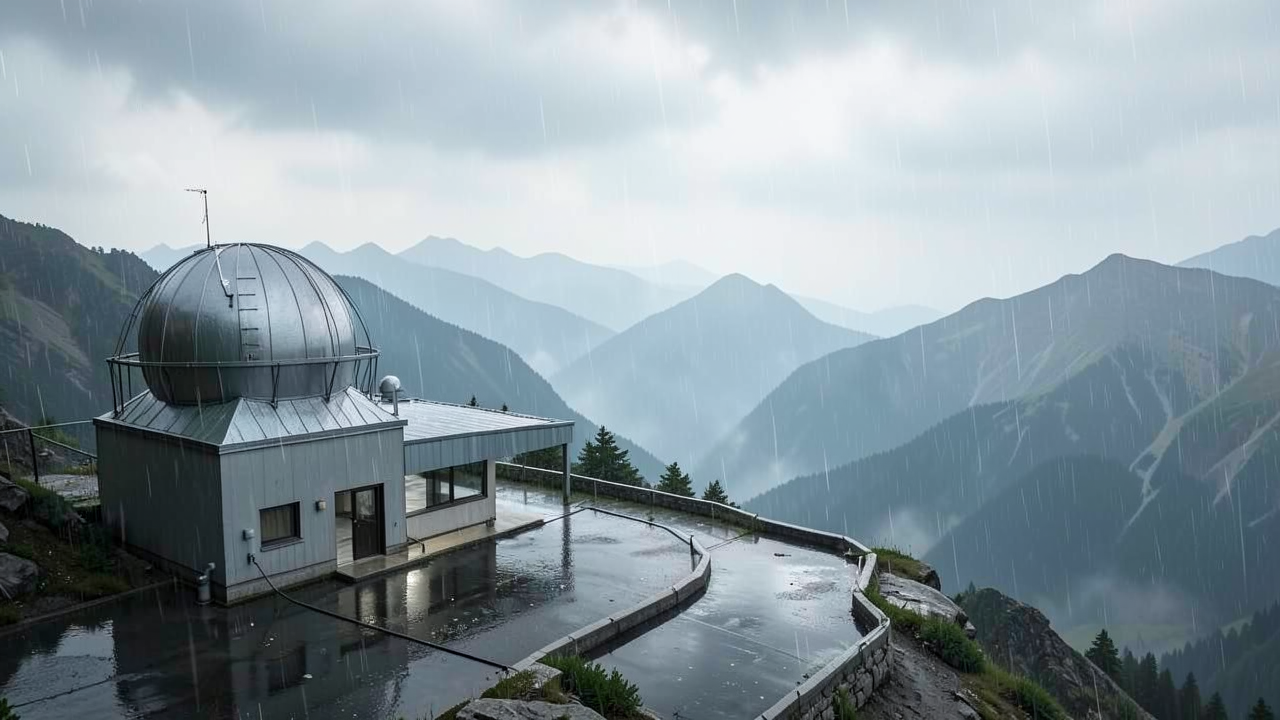 雨が降る山頂の金属ドーム観測所
