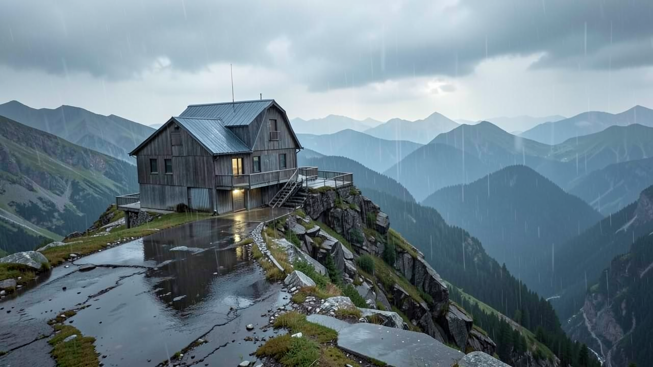 雨が降る山頂に建つ木造小屋